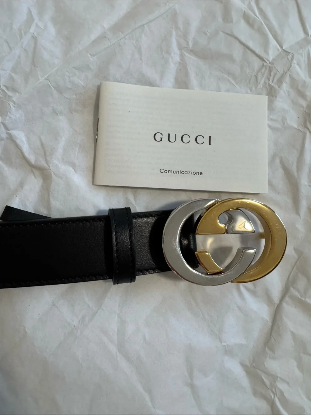 NEW Gucci Interlocking G Black Leather Belt Gold Silver Buckle Style 574807